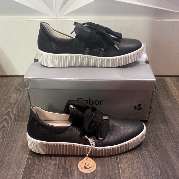 Gabor Shoes - Gabor Black Leather Ribbon-Lace Platform Sneakers